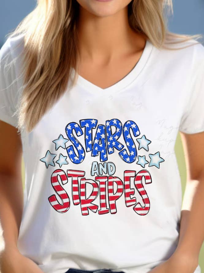 Retro Uniseks V-hals T-shirt met Sterren en Strepen voor wholesale door Top Avenue