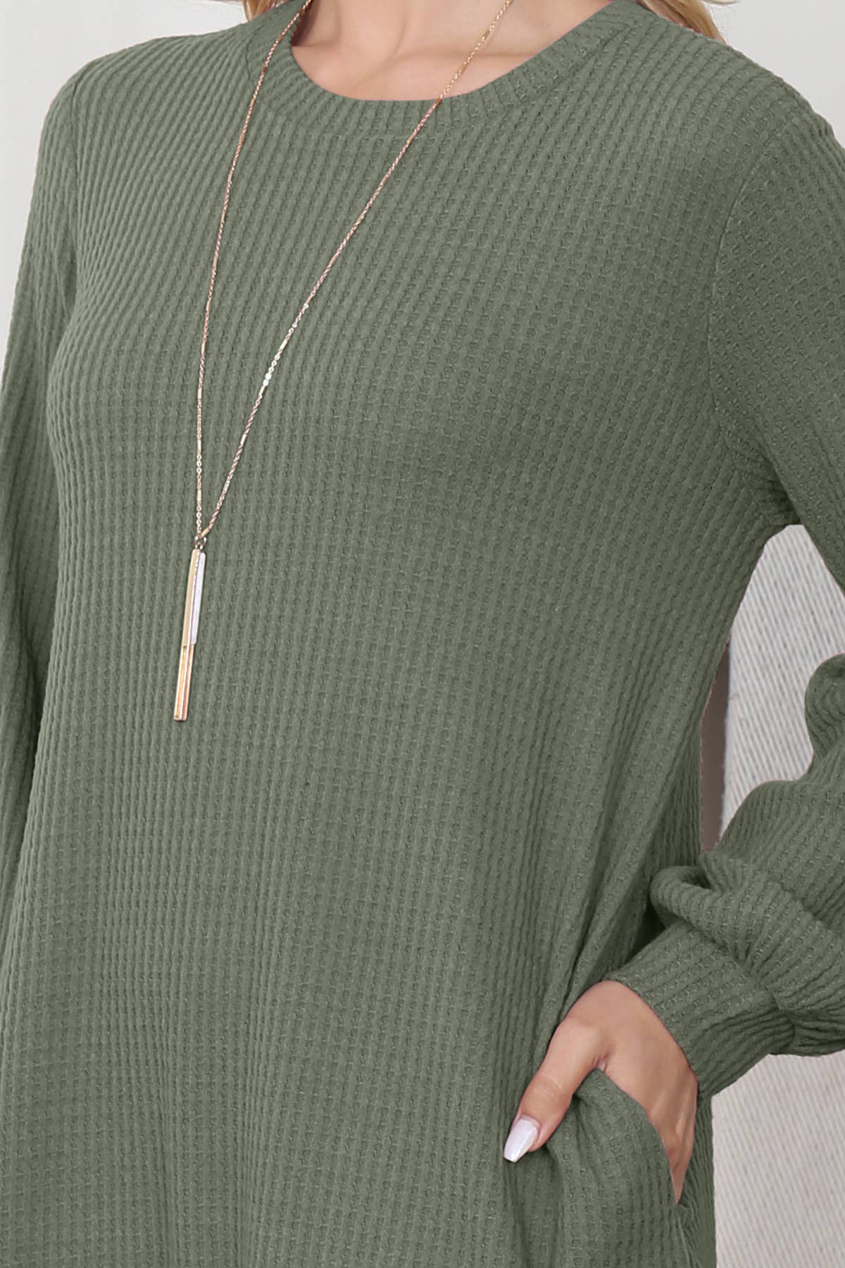 You & Me - Wholesale Dress - Women's - YMD10051V-BRUSHED WAFFLE BUBBLE SLEEVE POCKET DRESS40