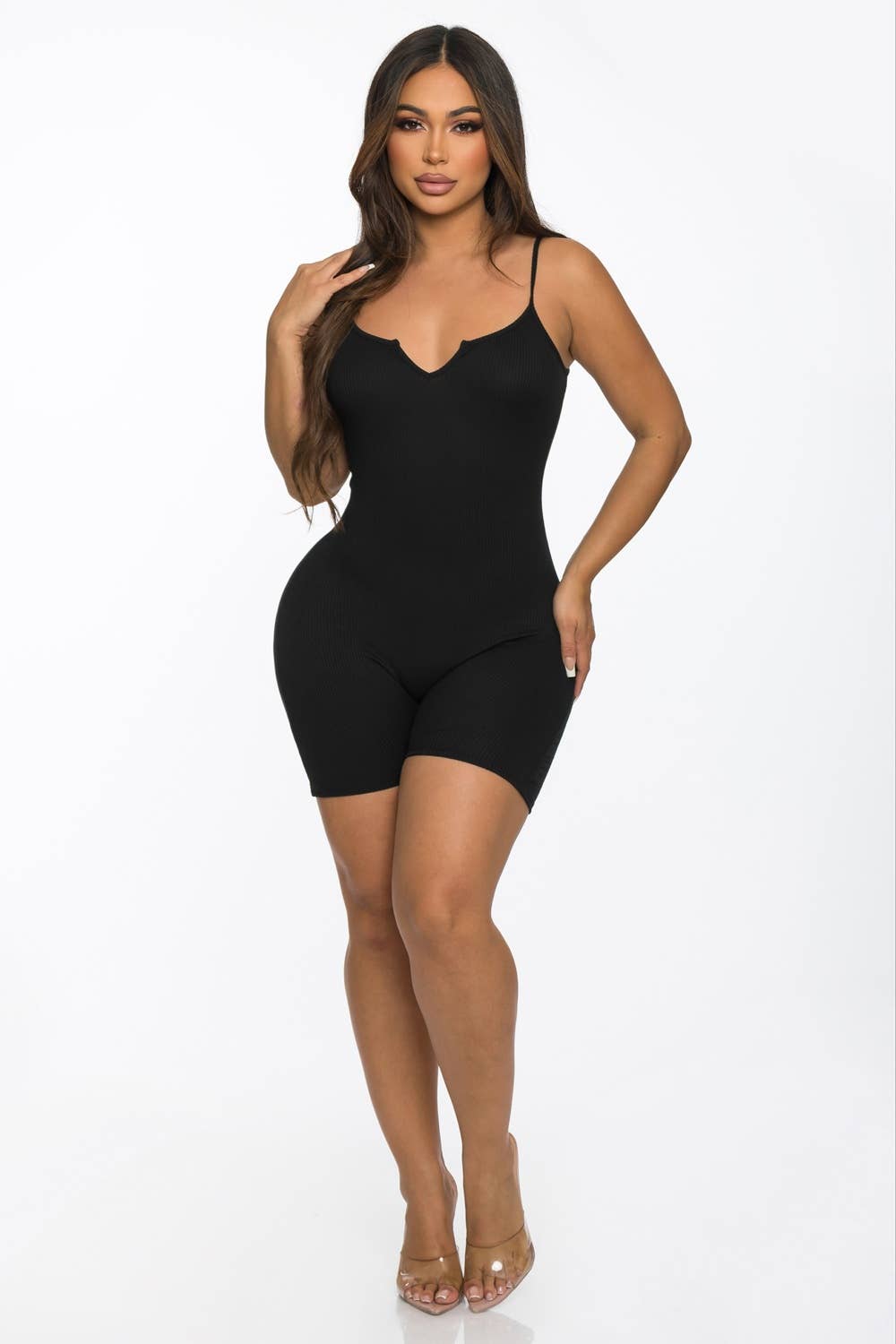 Lime All the Time - Wholesale Romper - Women's - Ribbed Split Neck Strap Short Romper1