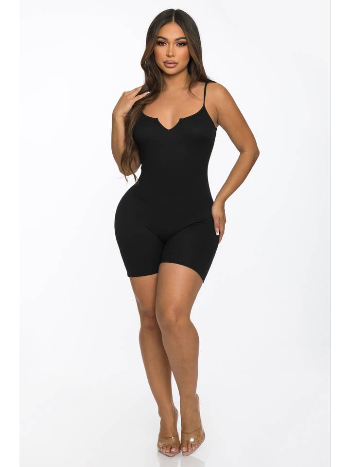 Lime All the Time - Wholesale Romper - Women's - Ribbed Split Neck Strap Short Romper1