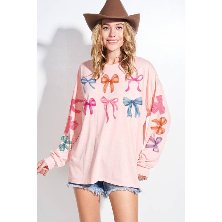 Colorful bow print tri blend oversized top for wholesale by Phil Love