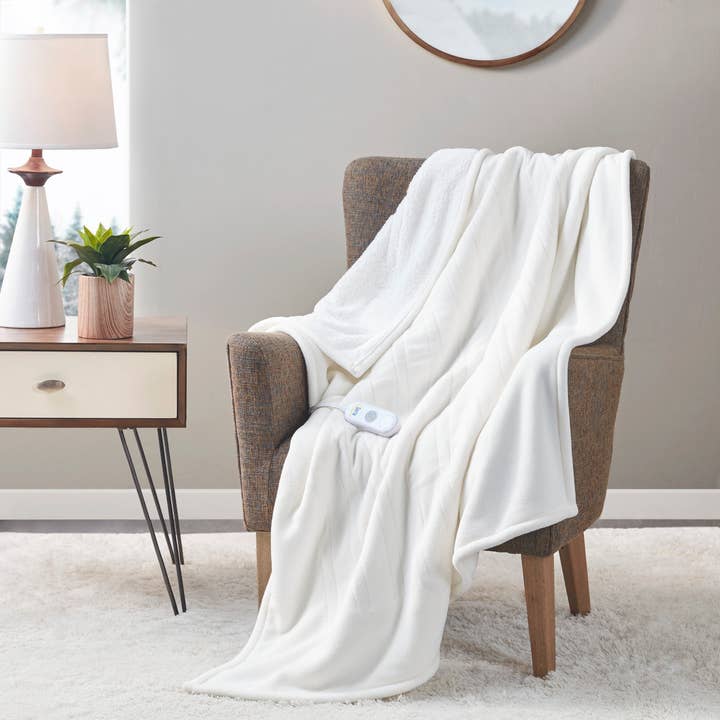 Heated 50x60" Fleece Sherpa Electric Throw Blanket, White for wholesale by Olliix