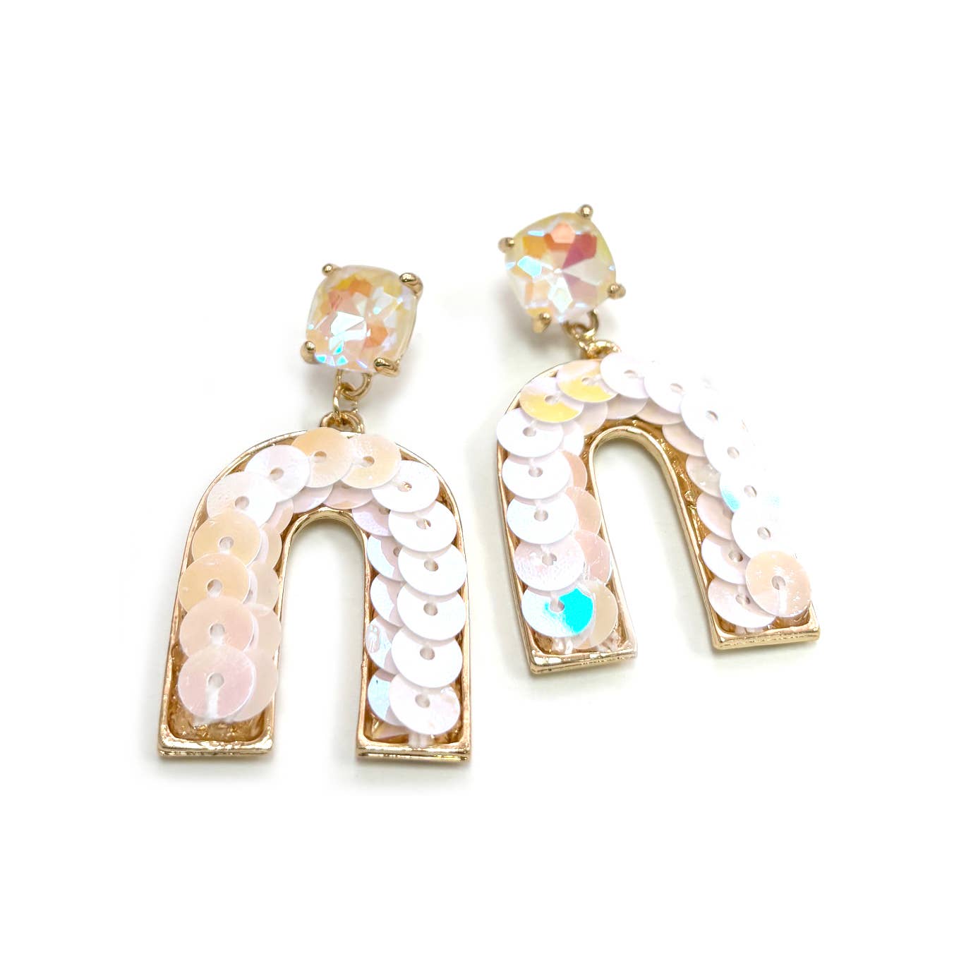 StarryNYC - Wholesale Dangle Earrings - Cushion Cut Stone Post with Arch Sequin Dangle Earrings2