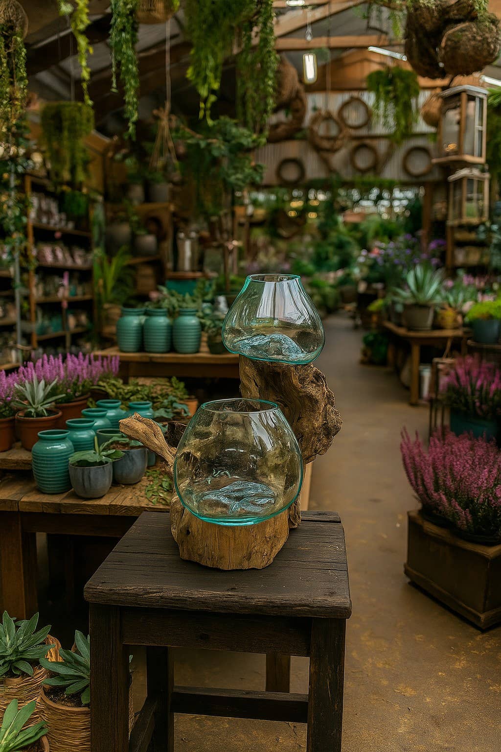 Asia West - Wholesale Terrarium - Double Terrarium-Molten Glass on Wood2