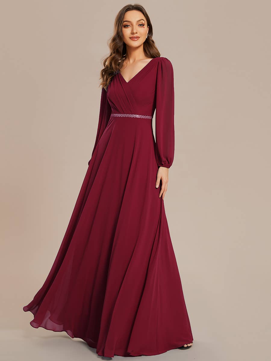 Ever-Pretty - Wholesale Gown - Women's - Elegant waisted chiffon V-neck Long Sleeve guest Dress33