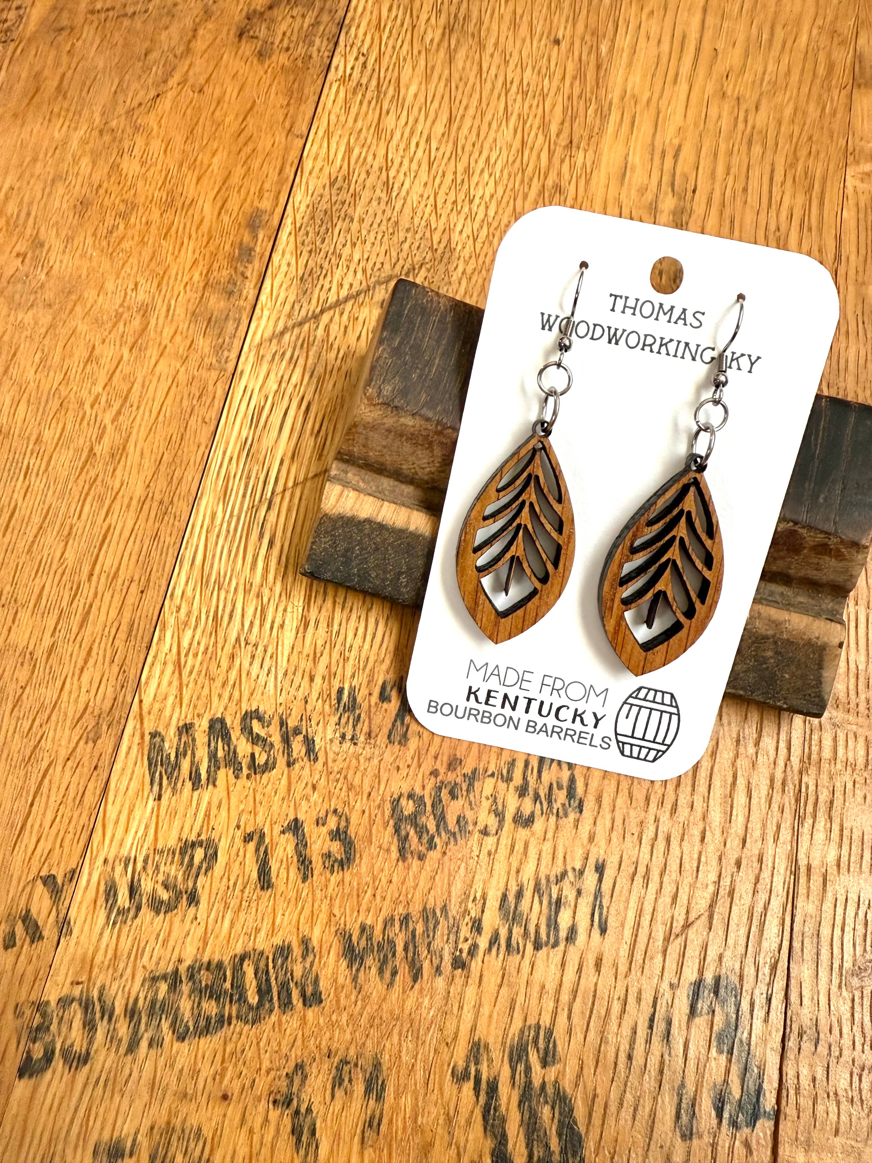Brown Wood Bohemian Earrings made from bourbon whiskey barrels. for wholesale on Faire7