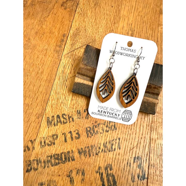 Brown Wood Bohemian Earrings made from bourbon whiskey barrels. for wholesale on Faire7