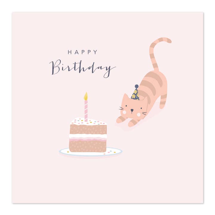 Happy Birthday Greetings Card | Cat with Cake for wholesale by Klara Hawkins