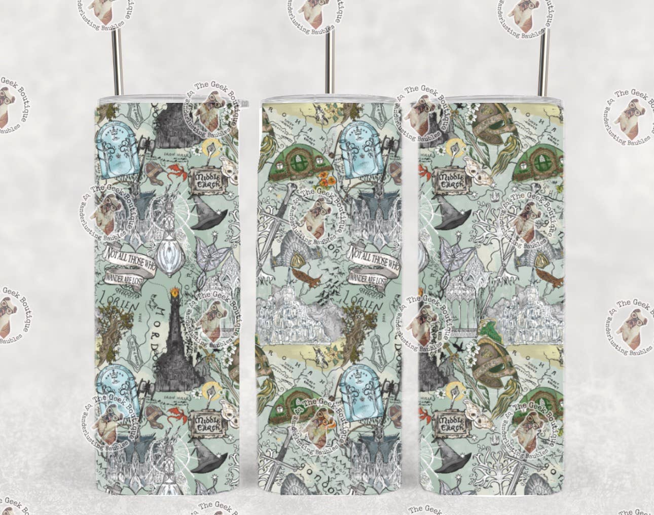 The Geek Boutique - Vente Gourde/bouteille isotherme - Collage complet en aquarelle du Seigneur des Anneaux Shire Hobbit Livre Gobelet0