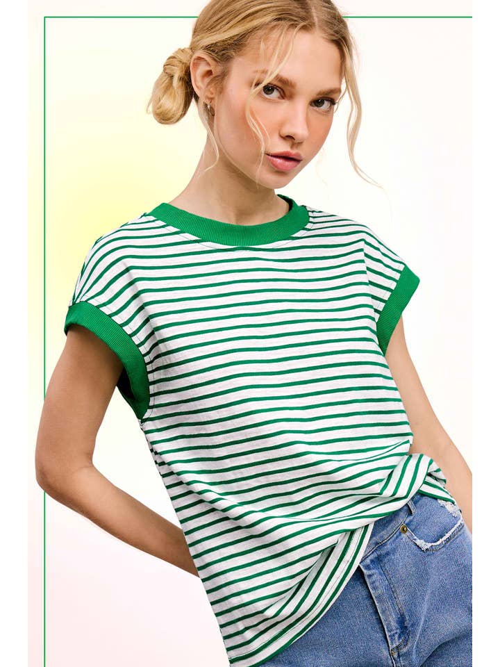 La Miel - Wholesale T-Shirt - Women's - JDT7710-Nautical Cap Sleeve Striped Top