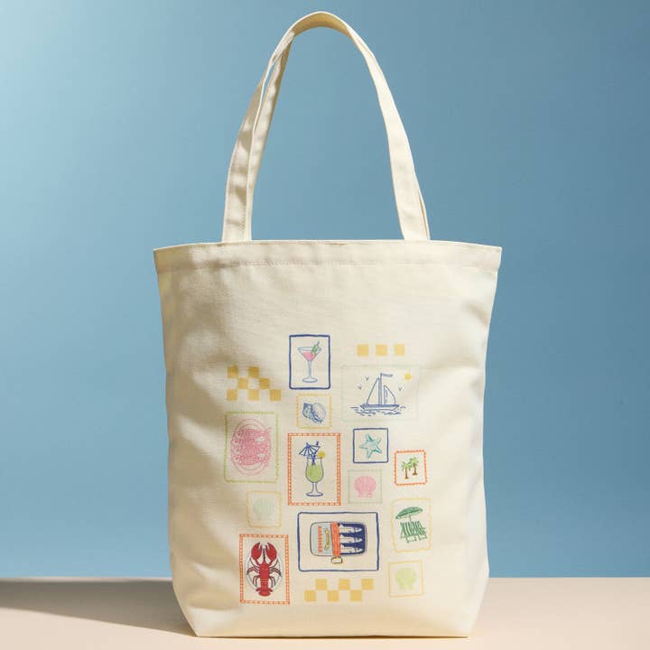 Cream Canvas Tote Bag with Coastal Stamp Print – Everyday Shoulder Shopping Bag for wholesale by Lilla Haven