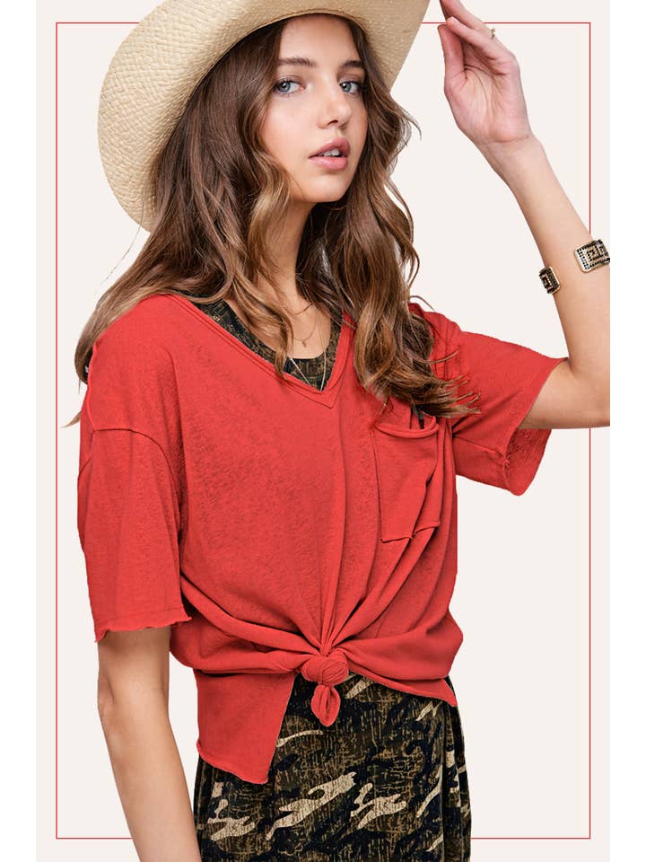 La Miel - Wholesale T-shirt – women's - JAT7459-V-neck Front Pocket Breathable Short Sleeve Top11