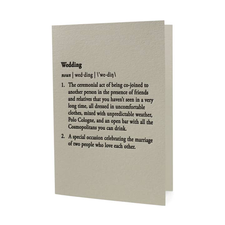 Wedding Definition Letterpress Card for wholesale by Hat Wig Glove Co.