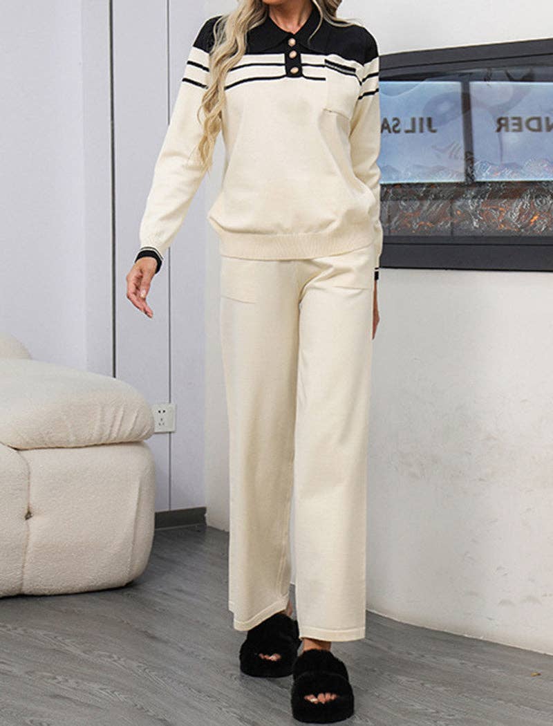 safistyle - Wholesale Lounge Set - Women's - Colorblock Polo Shirt and Wide-Leg Pants Set2