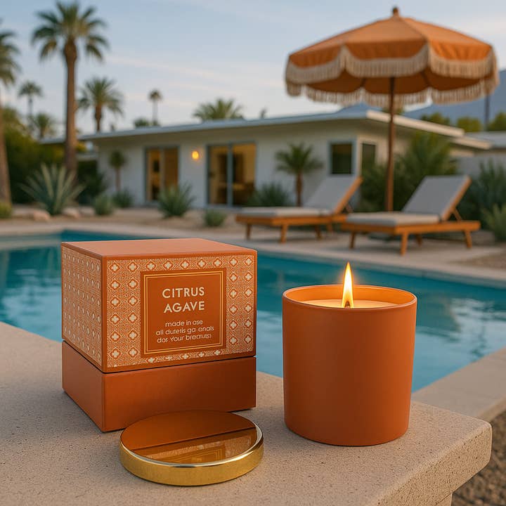 Mod Lounge Paper Company - Wholesale Jar/Filled Candle - Citrus Agave Fall Mid Century Orange Gold Foil Box Candle0