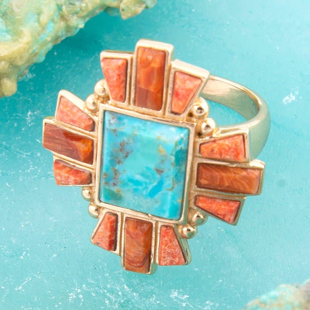 Barse Jewelry - Vente Bague de cocktail/de cérémonie - Bague de déclaration dorée en turquoise bleu Santa Fe et opale cuivrée2