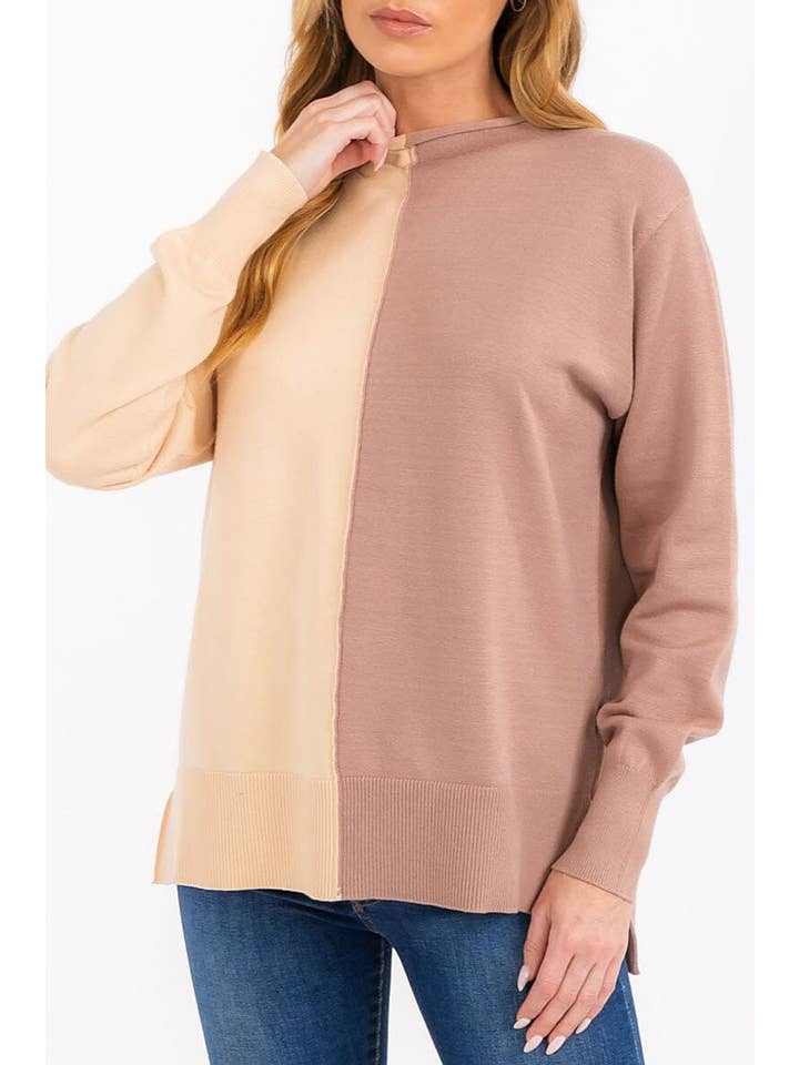 BEIGE TAUPE LONG SLEEVE MOCK NECK KNIT COLORBLOCK TOP for wholesale on Faire