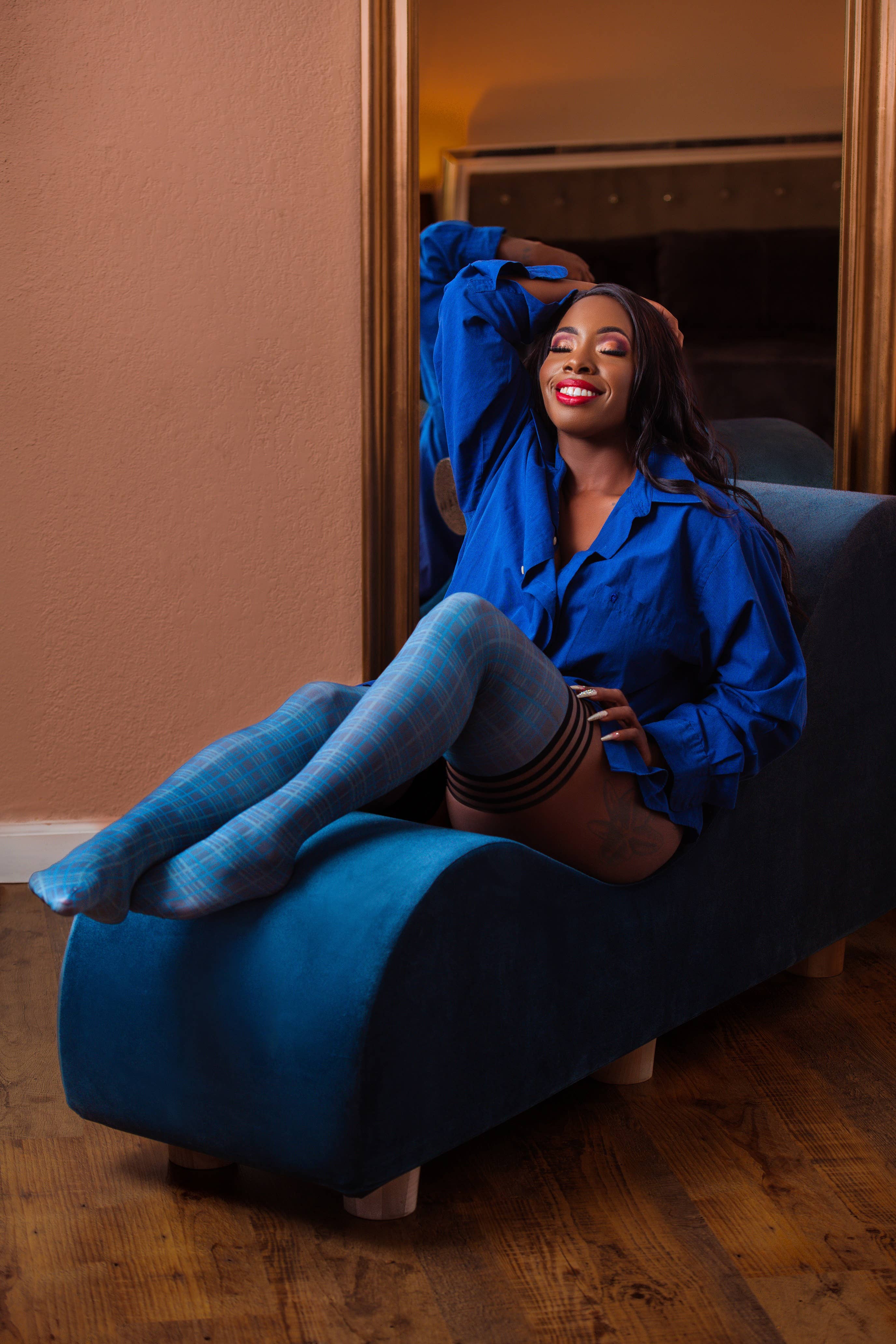 Kix'ies - Wholesale Stockings - Women's - Hosiery- Debbie Semi-Opaque Blue Plaid Thigh-Highs Stockings5