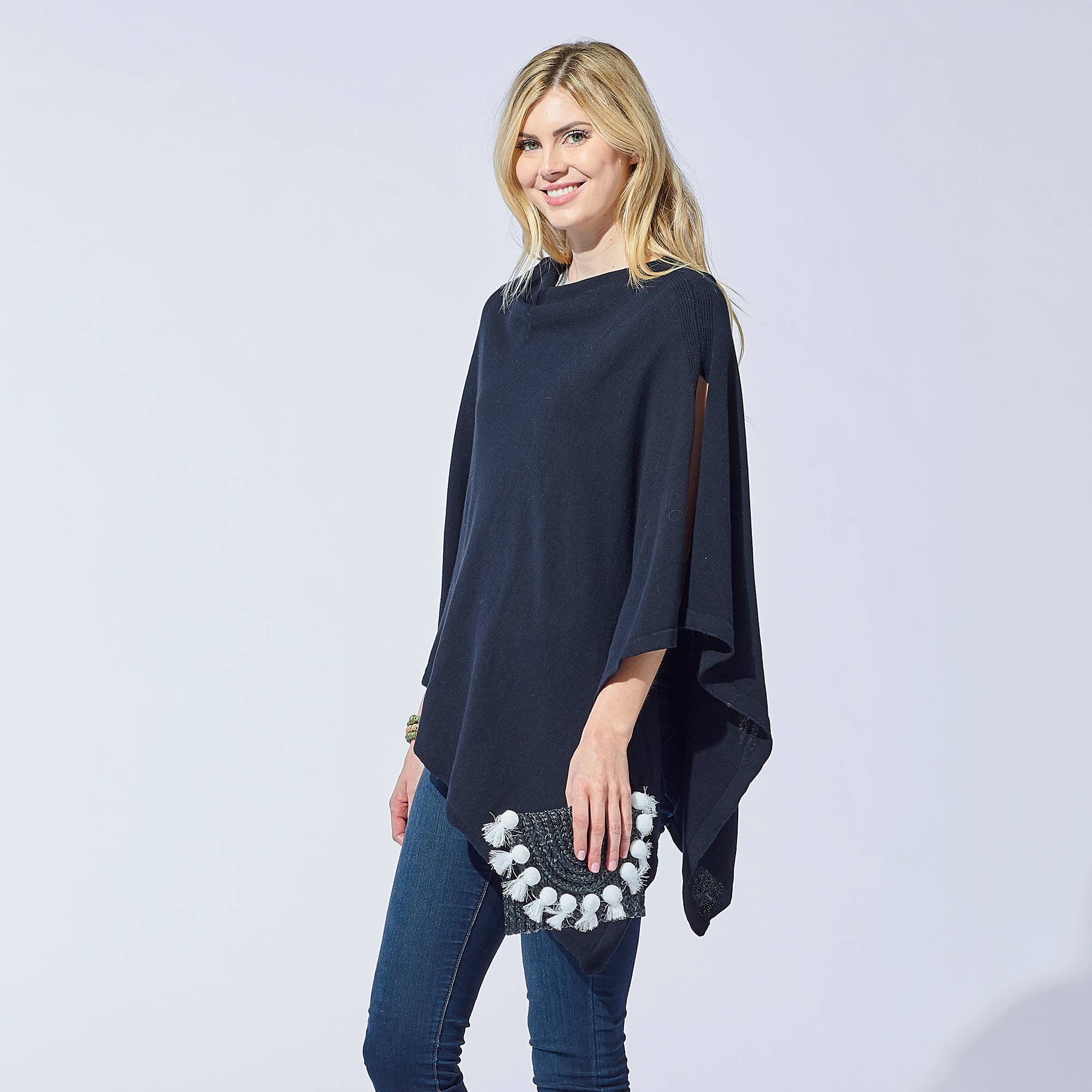 Hadley Wren - Wholesale Poncho - Women's - Black Solid Cotton Poncho2