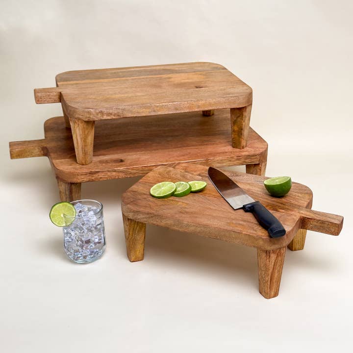 India Handicrafts Inc - Wholesale Desk Riser - Wooden Footed Butcher Blocks w/ Handles S/3