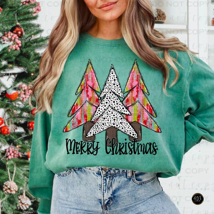 Merry Christmas- Pink Trees Crew Sweatshirt for wholesale by 403 Designs