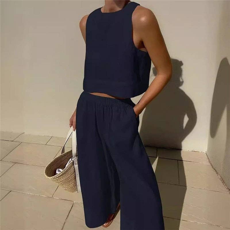 Sheer Trend - Wholesale Top & Pant Set (NOT Loungewear) - Women's - Solid Color Sleeveless Tank Top And Pants Set3