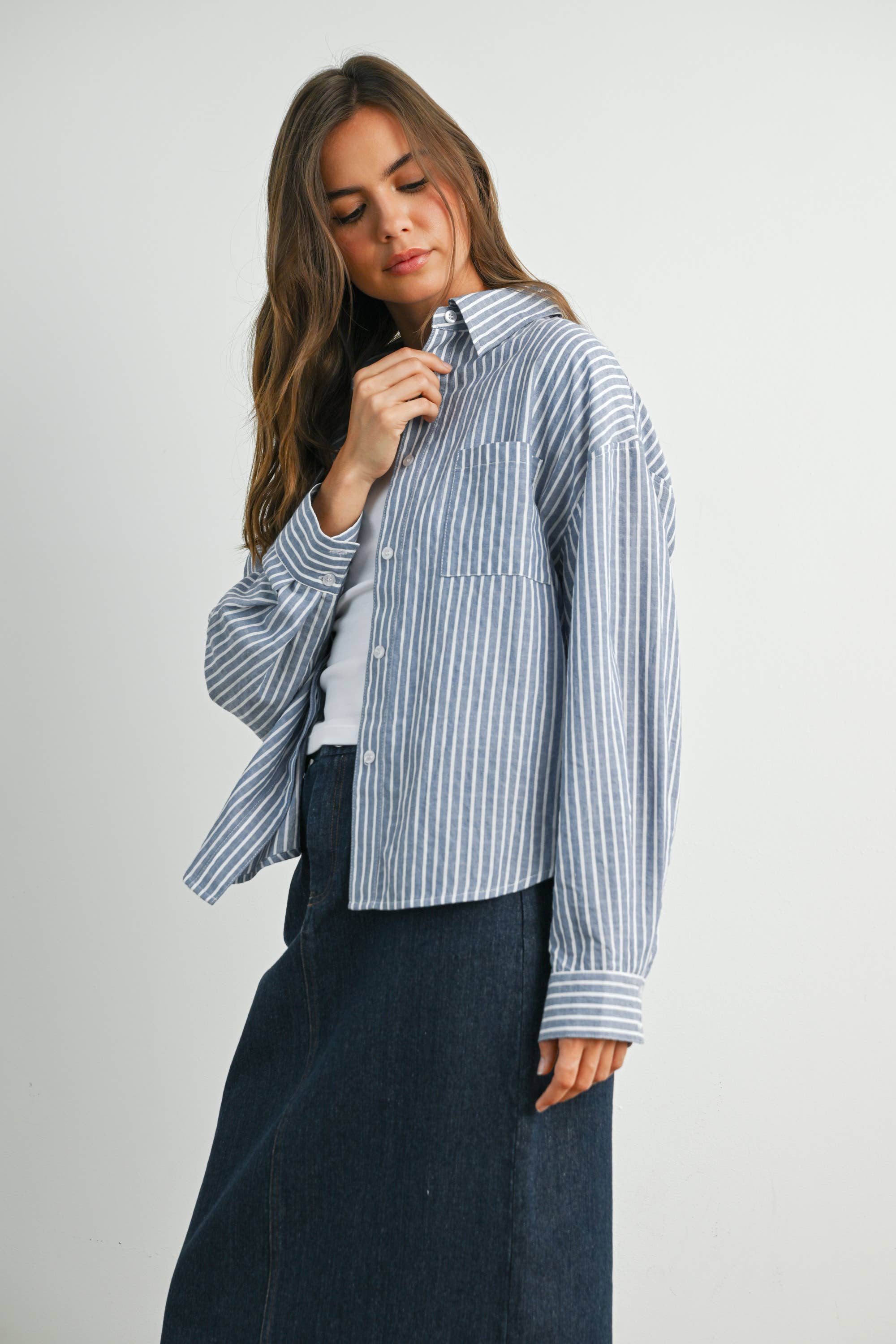 BUTTERMELON - Vente Chemise à col boutonné – femme - Haut à manches longues à rayures et col boutonné raccourci - BMT791530