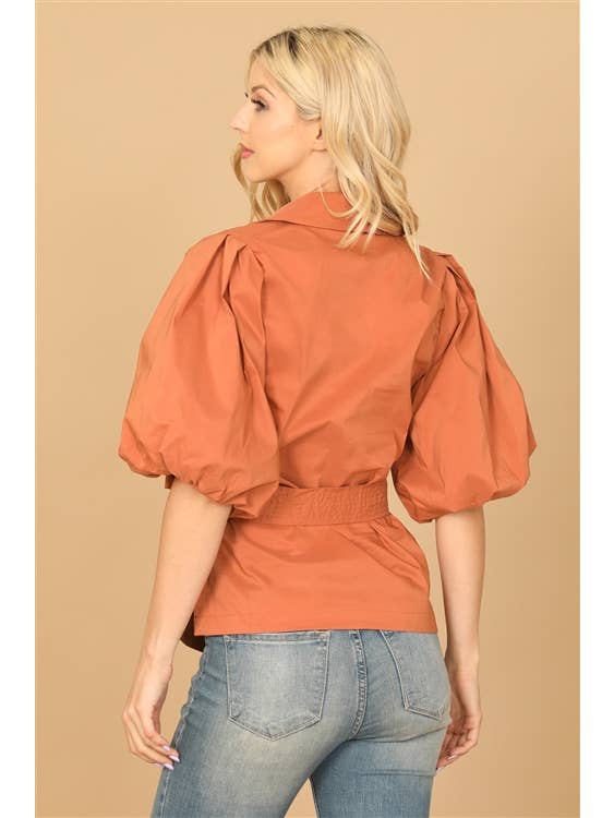 Terra Puff Sleeve Surplice Waist Tie Solid Top for wholesale on Faire1
