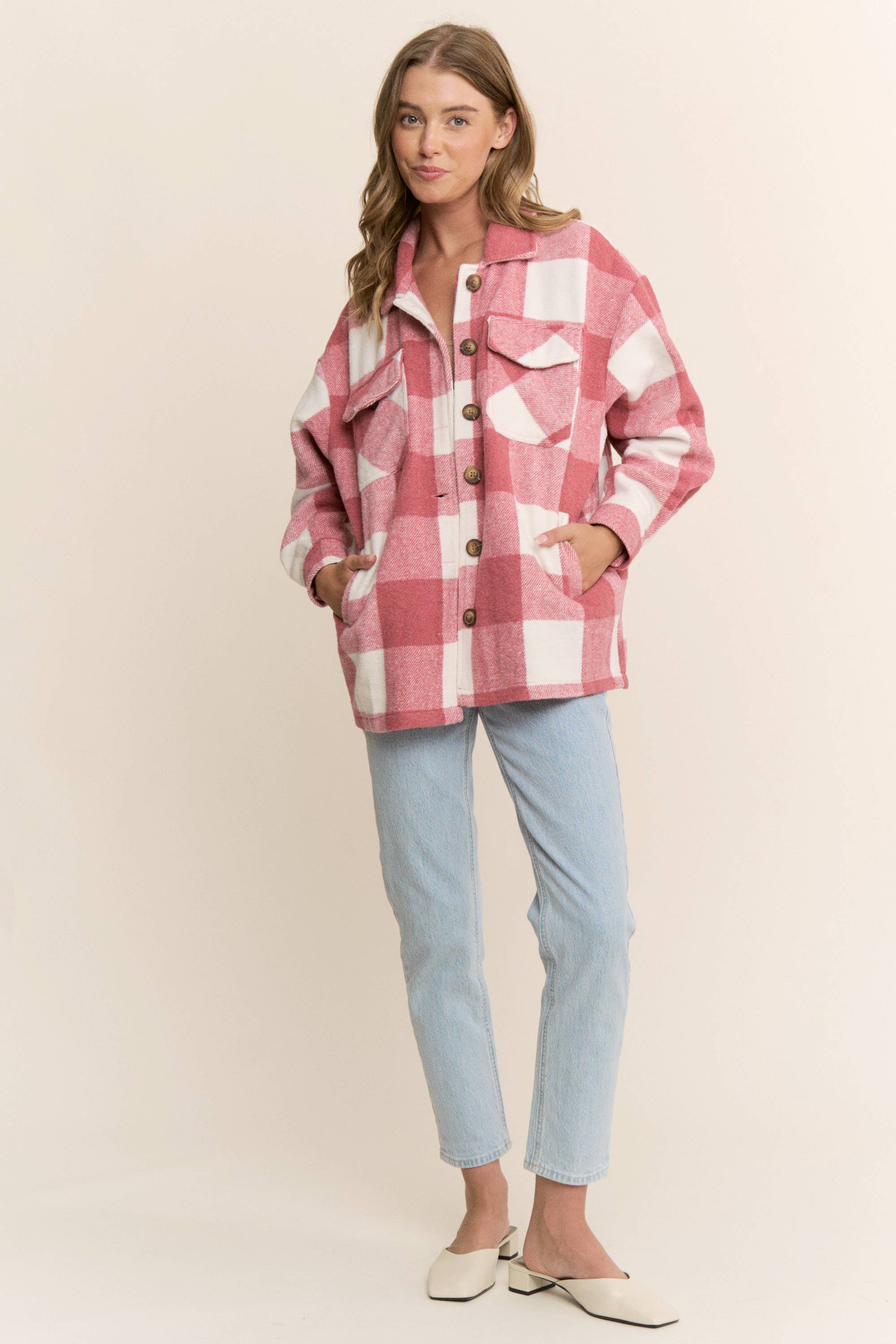 Sweet Generis - Wholesale Shirt Jacket/Shacket - Women's - FUZZY PLAID BUTTON DOWN FLANNEL SHIRT JACKET47