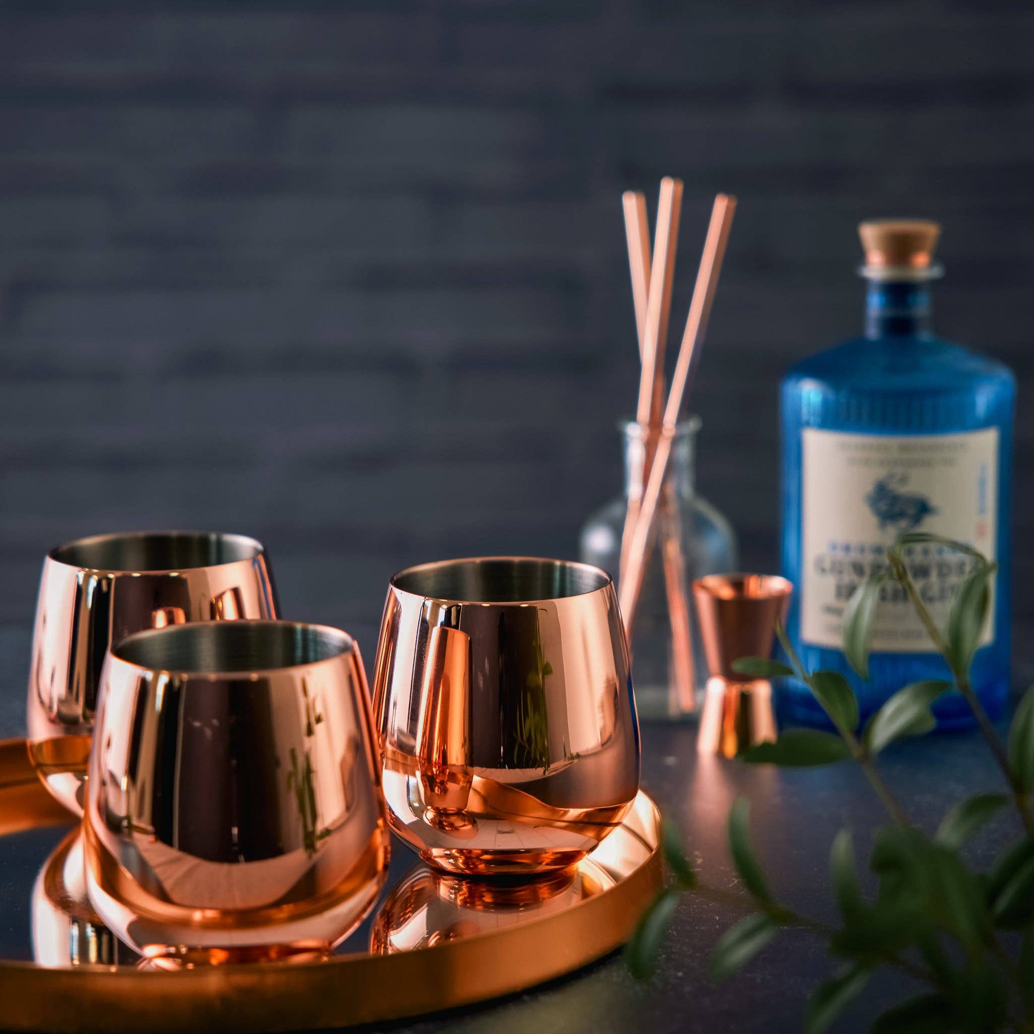Oak & Steel - Wholesale Cocktail/Liquor Glass - 4 Rose Gold Tumblers with Straws2