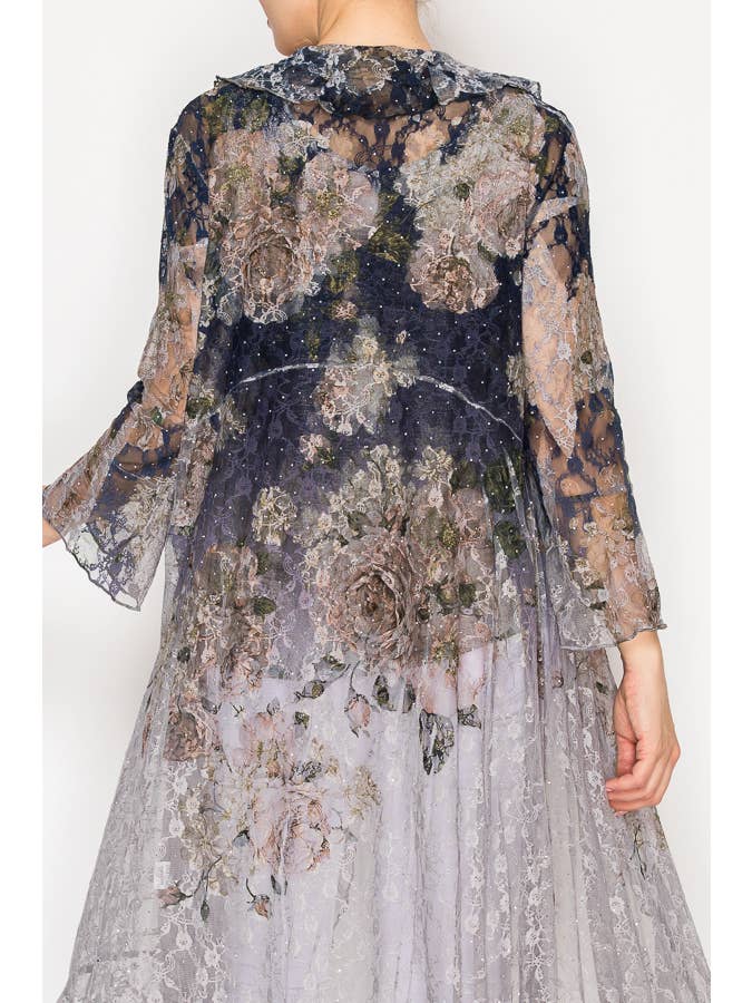 AÑADIR MOSCA MARINA Cárdigan largo ligero con encaje floral y volantes con destellos - 4849GY DD NAVY F de venta al por mayor en Faire3