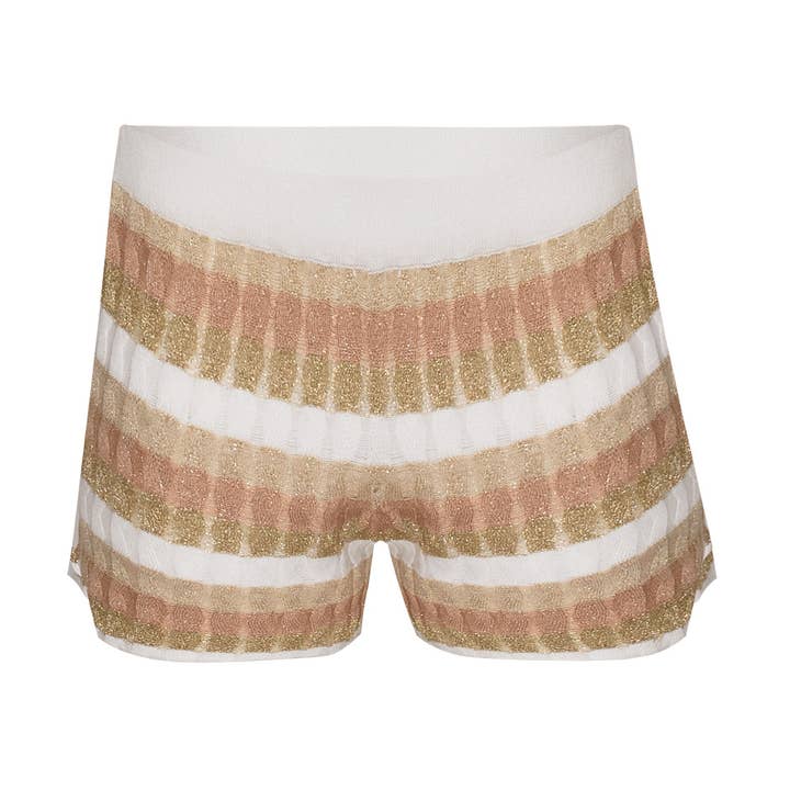 STRIBEDE SHORTS I REOL STRIK HVID/GULD/FERSKEN/BEIGE for engroshandel hos Ruth Erotokritou Knitwear