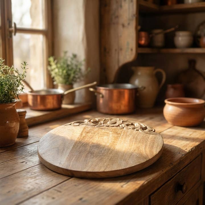 Tábua de corte redonda de madeira natural com ornamento floral, esculpida, de alta qualidade, ⌀36 cm por atacado de Antikas