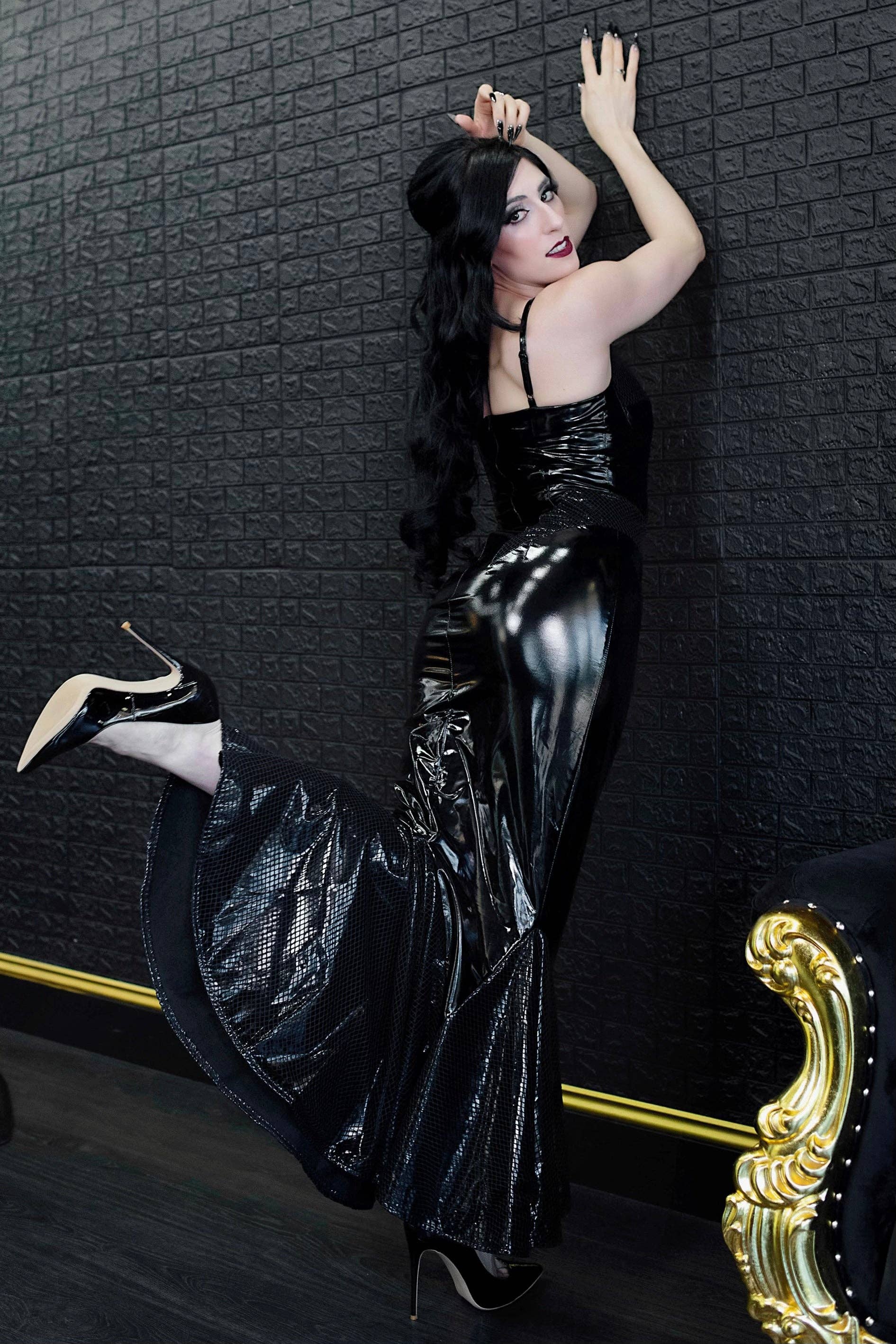 Weasel Wear - Wholesale Dress - Women's - Creature Vinyl Dress in Black - Black Vinyl Mermaid Gown with Fishnet Overlay & Structured Neckline (Dark Siren Edition)1