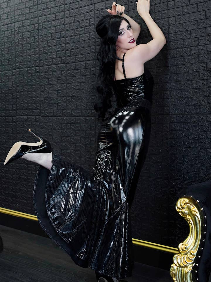 Weasel Wear - Wholesale Dress - Women's - Creature Vinyl Dress in Black - Black Vinyl Mermaid Gown with Fishnet Overlay & Structured Neckline (Dark Siren Edition)1