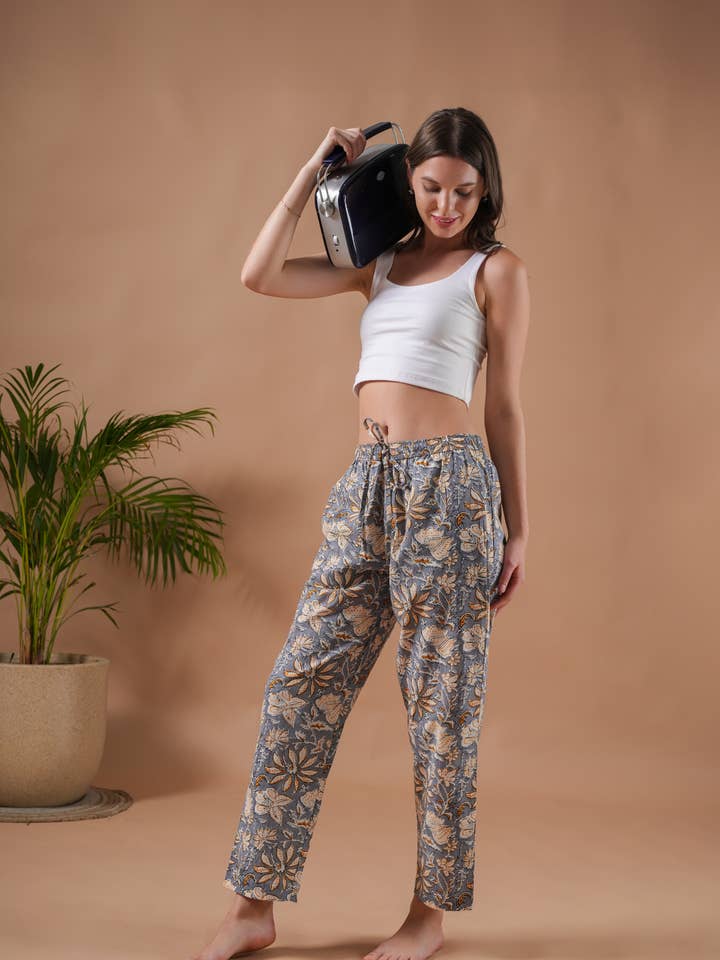 Cotton Pajama Pants Women - Charcoal Blooms for wholesale by Zillajee