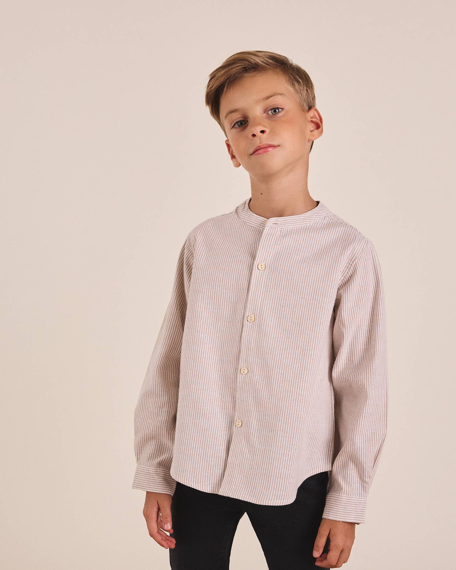 Dadati - Wholesale Button Down Shirt - Kids - Long-sleeved shirt for boys with stripes in tan beige6