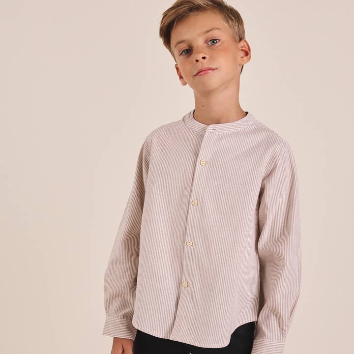 Dadati - Wholesale Button Down Shirt - Kids - Long-sleeved shirt for boys with stripes in tan beige6