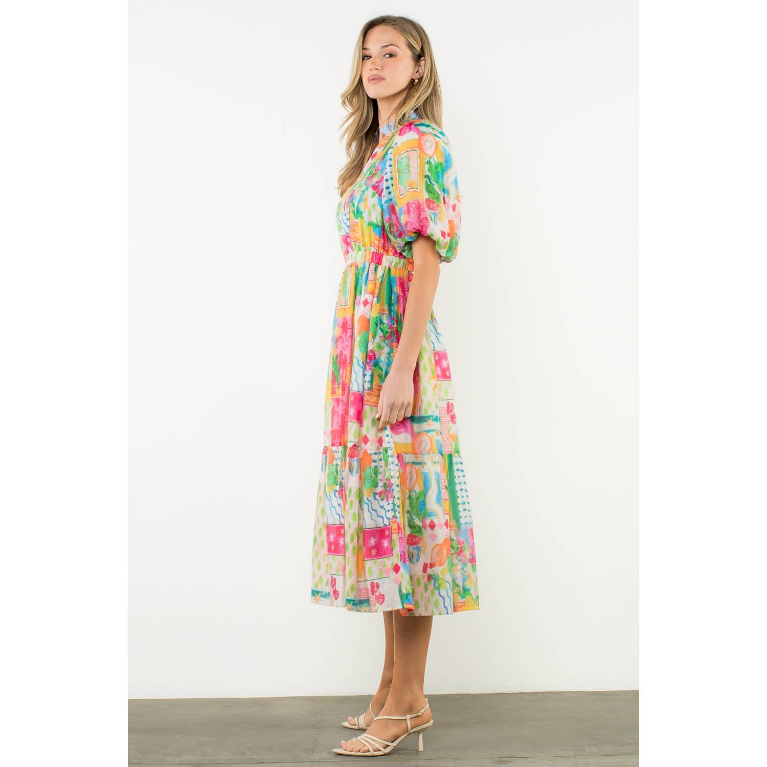 PINK Printed Ruffle Collar Puff Sleeve Dress for wholesale on Faire5