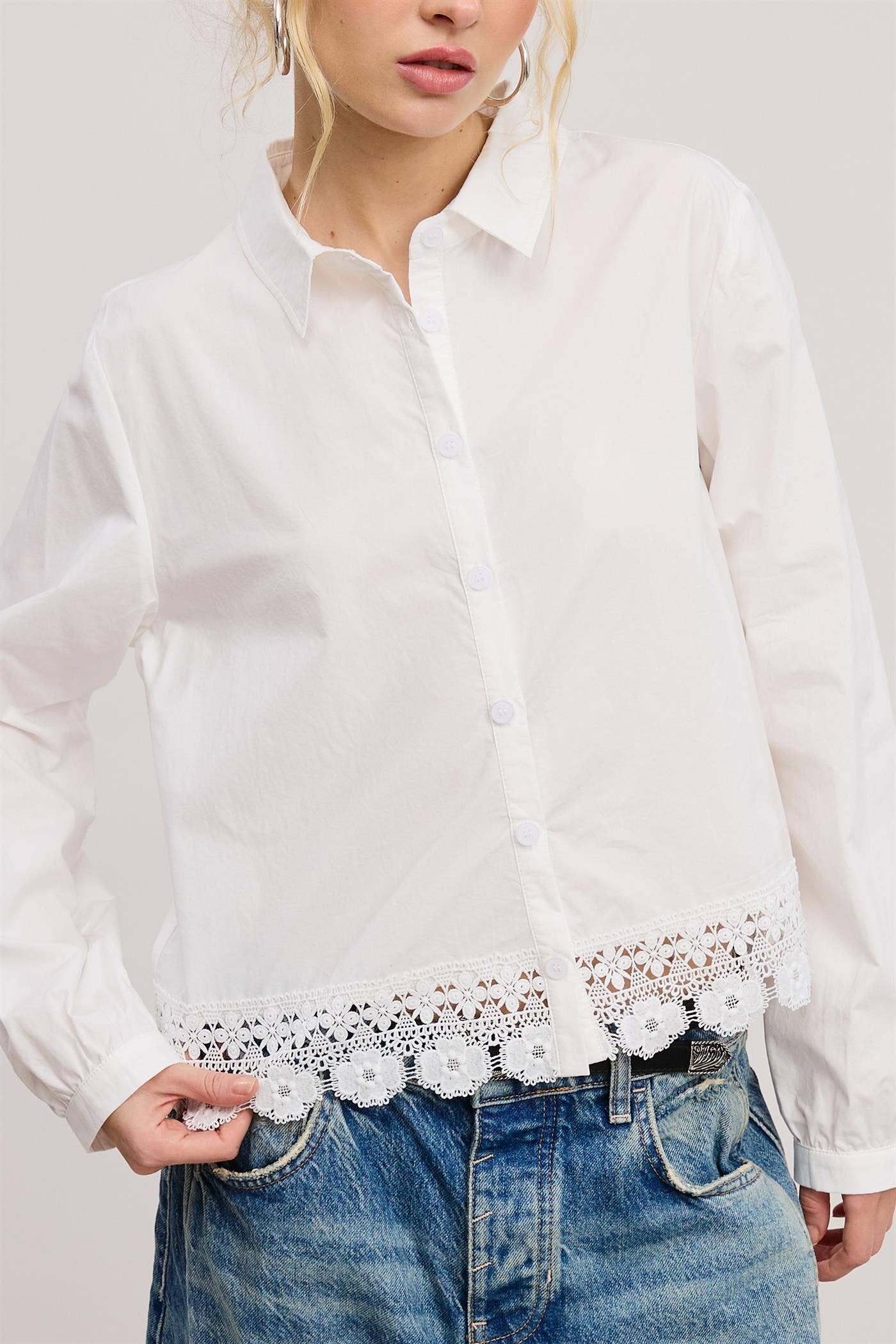 Mimosa - Wholesale Button Down Shirt - Women's - Embroidered Hem Button Down Blouse5