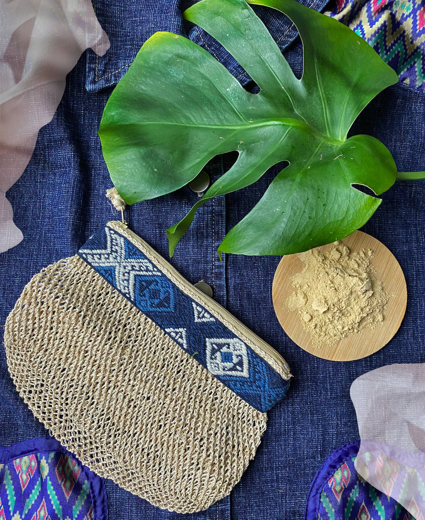 A Million Elephants - Wholesale Pouch - Women's - Natural Vine Zipper Pouch - Indigo with Textile Design3