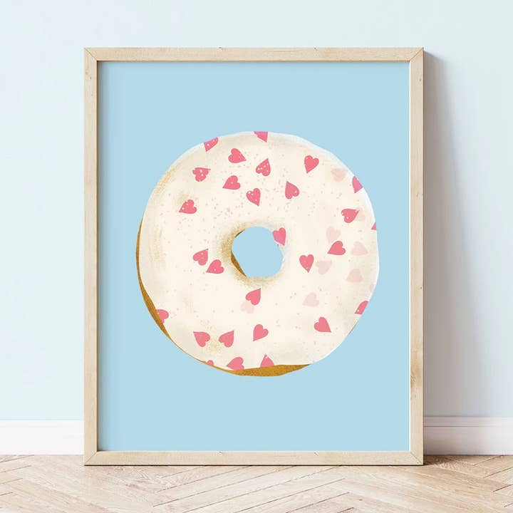 Donut met suikerhartjes voedselmuurkunst print voor wholesale door Sarah Whittle Illustration