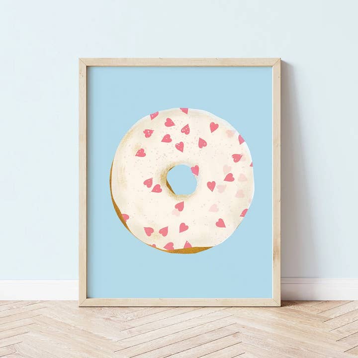 Donut med sukkerhjerter mad vægkunst print for engroshandel hos Sarah Whittle Illustration