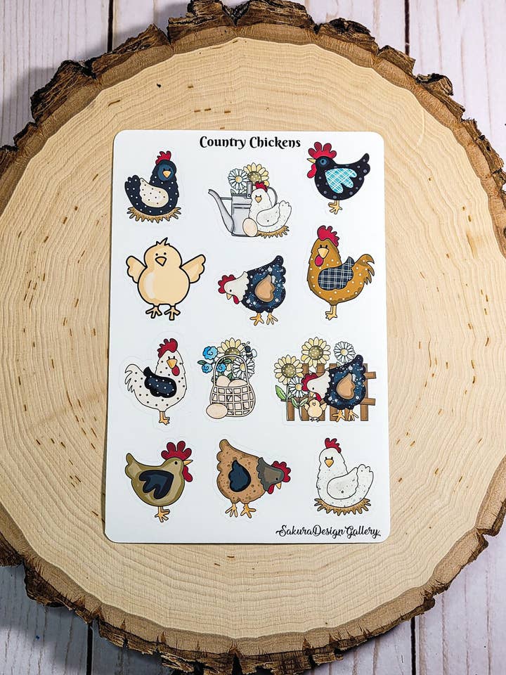 Country Chicken Sticker Sheet, Chicken Lovers Gift for wholesale by Sakura Design Gallery