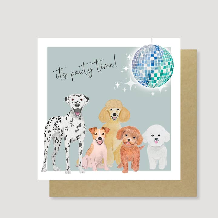 It's Pawty Time! Cute Dog Birthday or Congratulations Card for wholesale by Heather Trefusis Art - Greeting Cards (*US Duties Paid*)