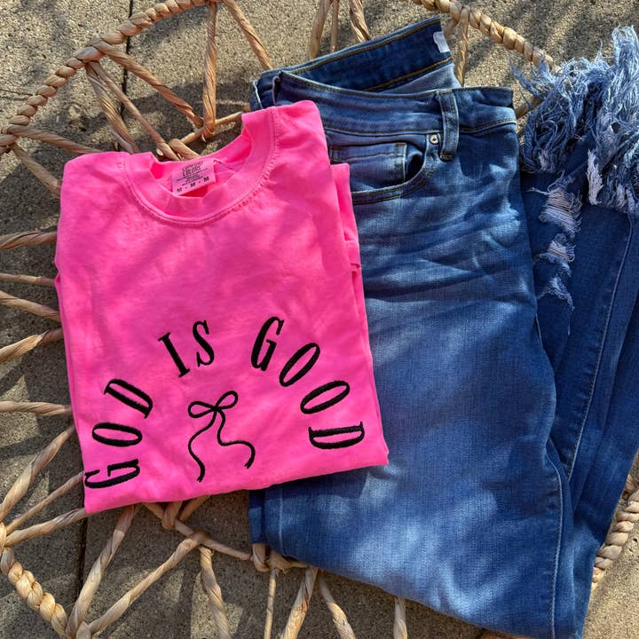 Preppy coquette god is good embroidered tshirt. for wholesale by Basil & Burch