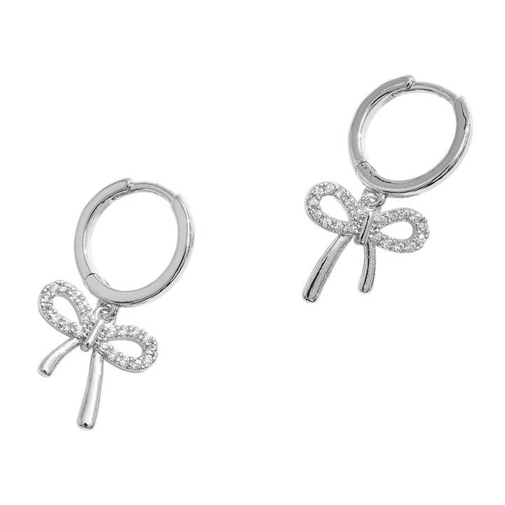 Sensibling Corp. - Wholesale Huggie Earrings - 14K Gold Dipped CZ Stone Paved Bow Dangle Huggie Hoop Earrings6