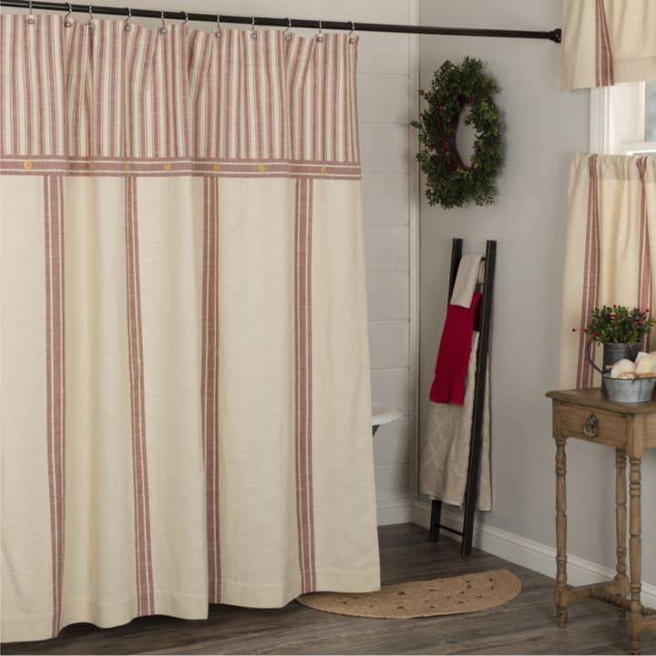 VHC Brands - Wholesale Shower Curtain - Market Place Red Stripe Shower Curtain 72Lx72W