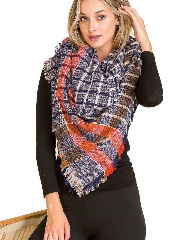 Wash Plaid Patterned and Fringed Brushed Blanket Shawl Scarf for wholesale by Cap Zone