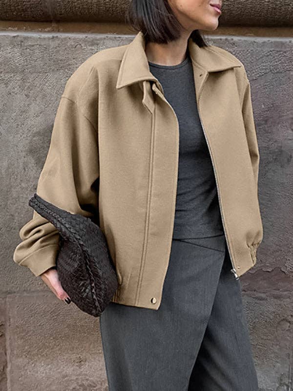 Chaquetas de manga larga, holgadas, elásticas, de color sólido, con solapa y cremallera, ropa de abrigo para venta al por mayor de StyleGalX